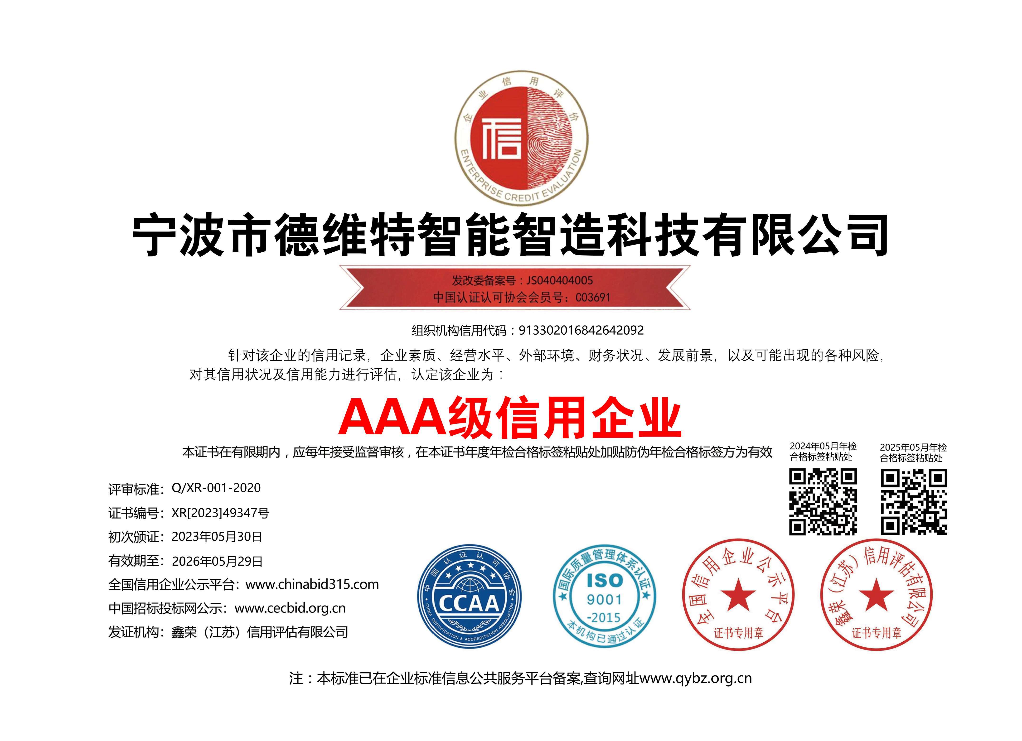 AAA级信用企业铜牌